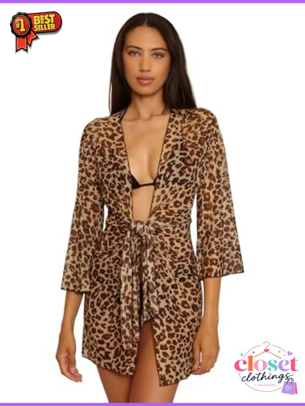 Sheer Mesh Tie Front Tunic Bell Sleeve Leopard Print Cover Up